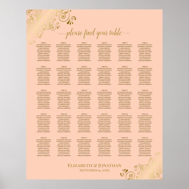 Póster Tabla de asientos para Bodas de mesa de 30 paletas (Frente)
