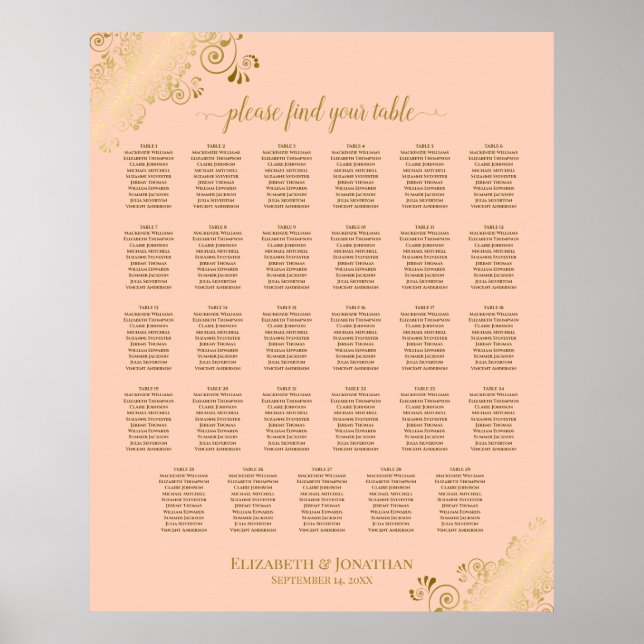 Póster Tabla de asientos para Bodas de mesa Gold & Coral  (Frente)