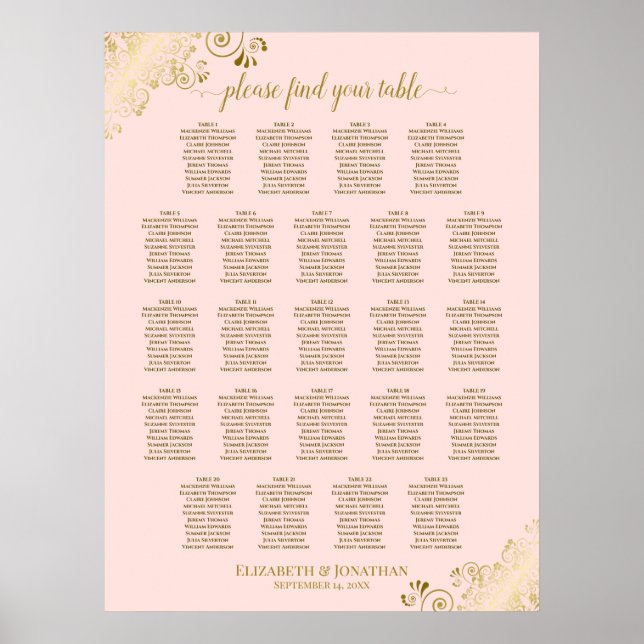 Póster Tabla de asientos para Bodas de mesa Rubor Pink &  (Frente)