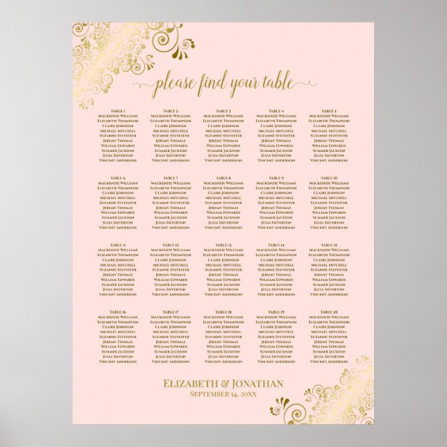 Póster Tabla de asientos para Bodas de mesa Rubor Pink &  (Frente)