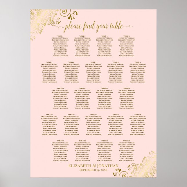Póster Tabla de asientos para Bodas de mesa Rubor Pink &  (Frente)