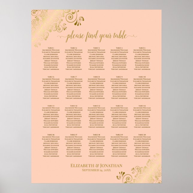 Póster Tabla de asientos para Bodas de tabla Coral Peach  (Frente)