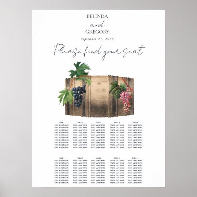 Póster Tabla de asientos para Bodas de viñedos de viña de (Frente)