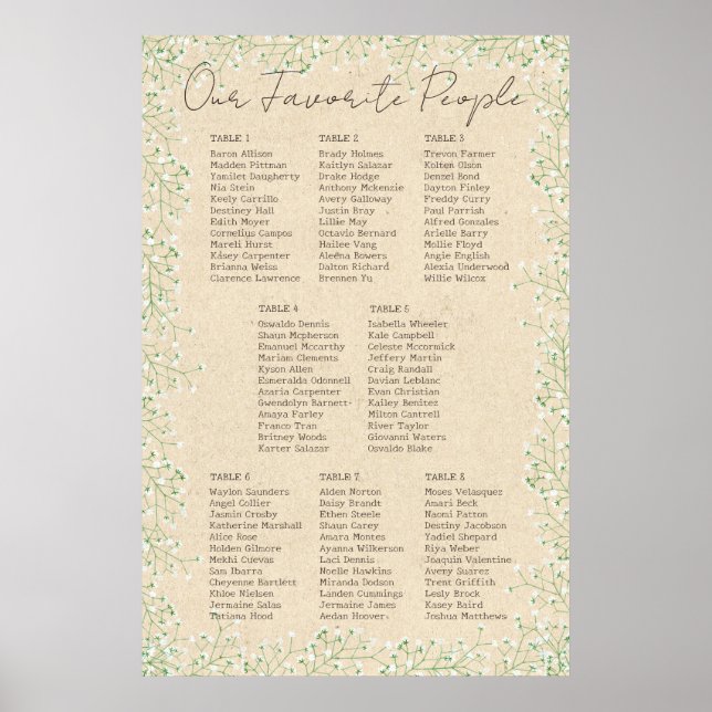 Póster Tabla de asientos para Bodas Rústicos con Flor de  (Frente)