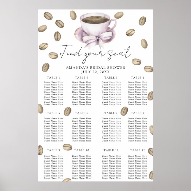 Póster Tabla de asientos para café y ducha de novia Bow (Frente)