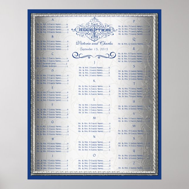 Póster Tabla de asientos para invitados Boda azul y plata (Frente)
