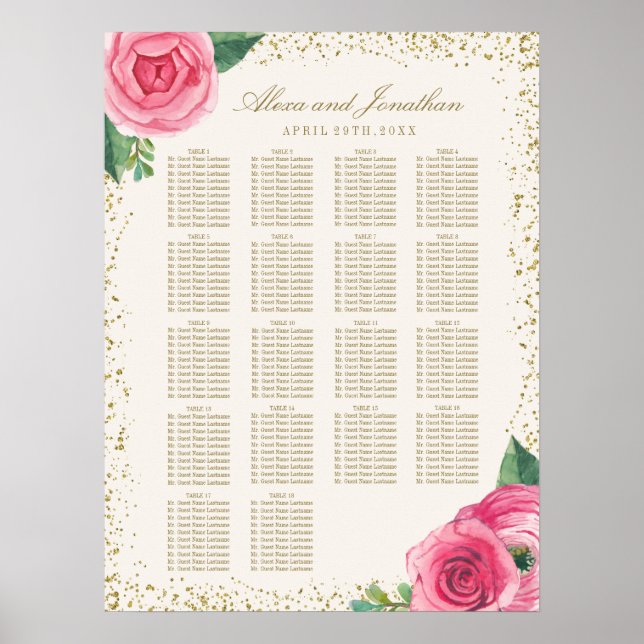 Póster Tabla de asientos para Rosas de acuarela dorada y  (Frente)