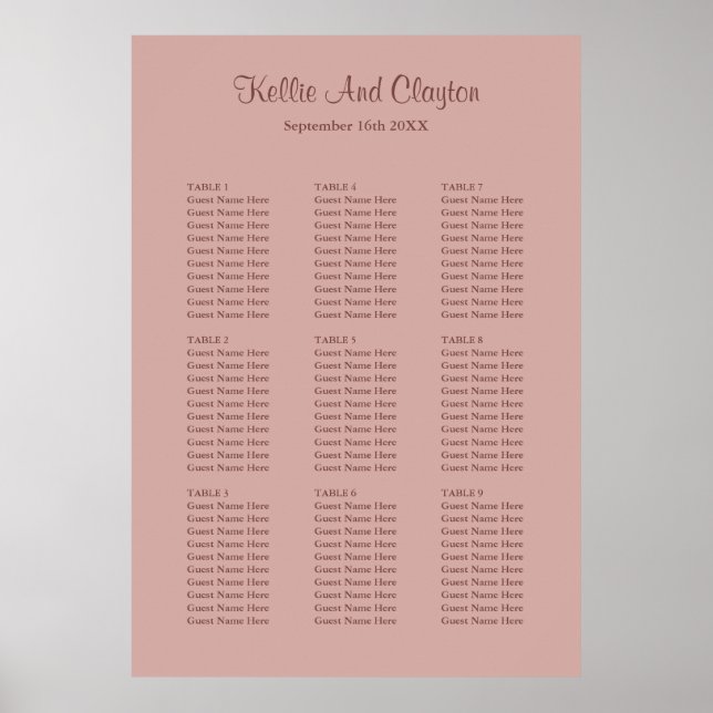 Póster Tabla de asientos para Rosas de Cinnamon 90 Boda (Frente)