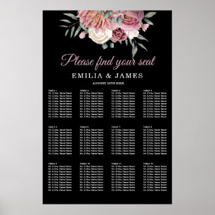 Póster Tabla de asientos Rosa de Boda negro con flores