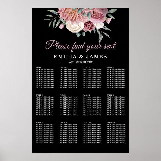 Póster Tabla de asientos Rosa de Boda negro con flores (Frente)