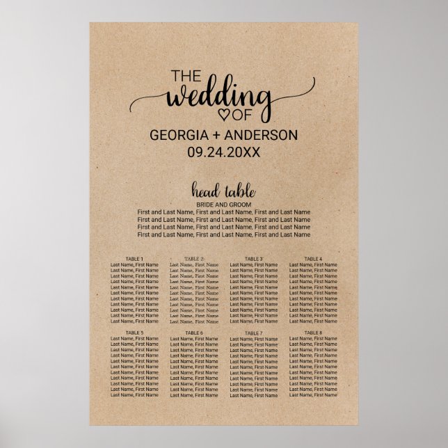 Póster Tabla de asientos simple de Boda de mesa de cabeza (Frente)