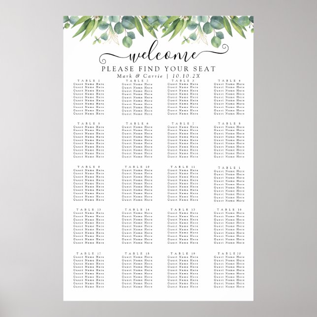 Póster Tabla de asientos simple del Boda Eucalyptus Green (Frente)