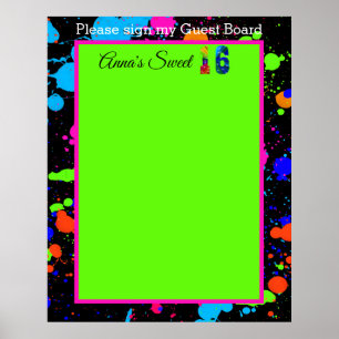 Póster Tabla de invitados Neon Glow Paint Splatter Sweet 