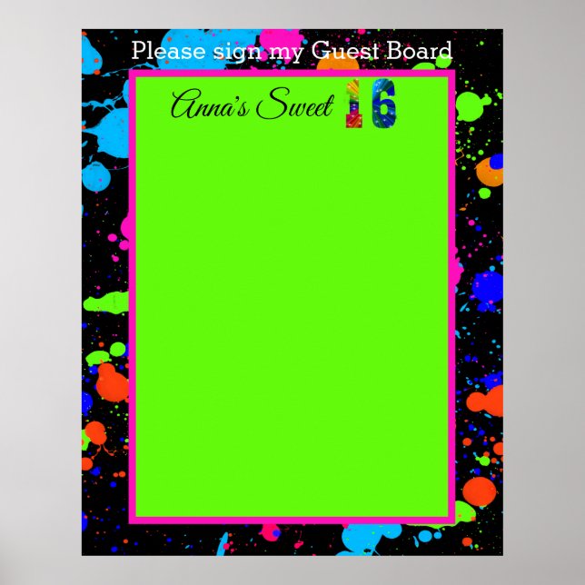 Póster Tabla de invitados Neon Glow Paint Splatter Sweet  (Frente)