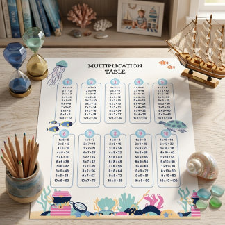 Póster Tabla de multiplicar de animales del océano bajo e