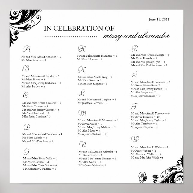 Póster Tabla de organización de asientos ~ Personalizado (Frente)