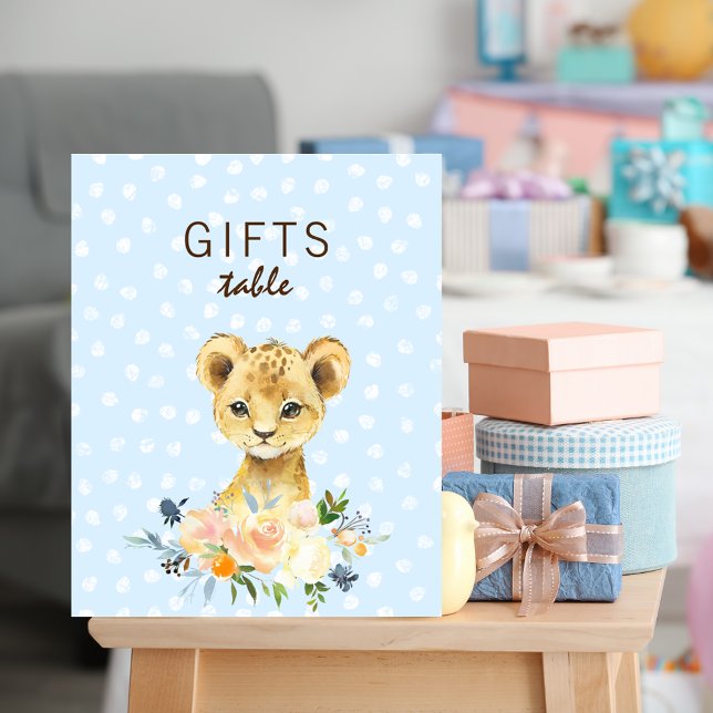 Póster Tabla de regalos Baby Shower Lion Cub Floral Azul (Subido por el creador)