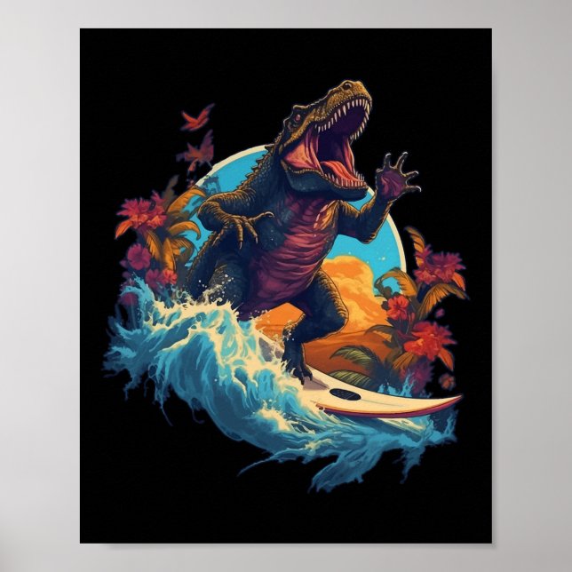 Póster Tabla de surf de dinosaurio Playa Surfista de dino (Frente)