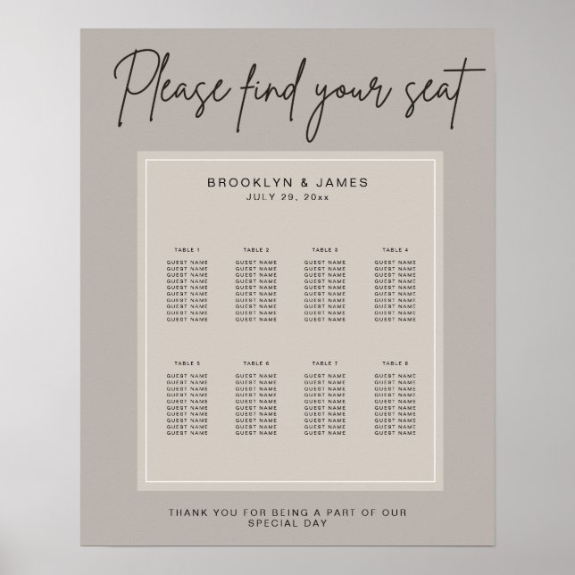 Póster Tabla mínima de asientos para Bodas Encuentre su a (Frente)