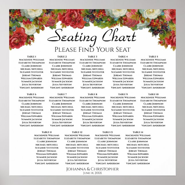 Póster Tabla Tabla de asientos con Boda de flores de colo (Frente)