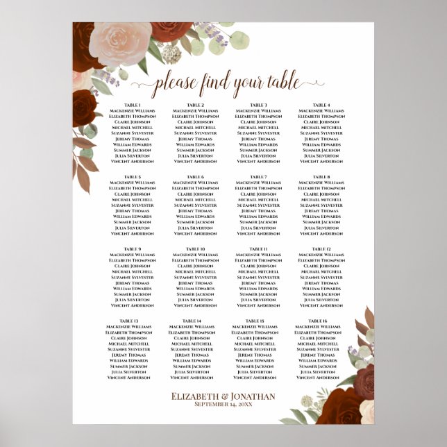Póster Tabla Tabla Tabla De Asientos De Bodas De Boho Flo (Frente)