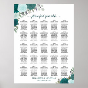 Póster Tabla Verde azulada Tabla De Asientos De Bodas Flo