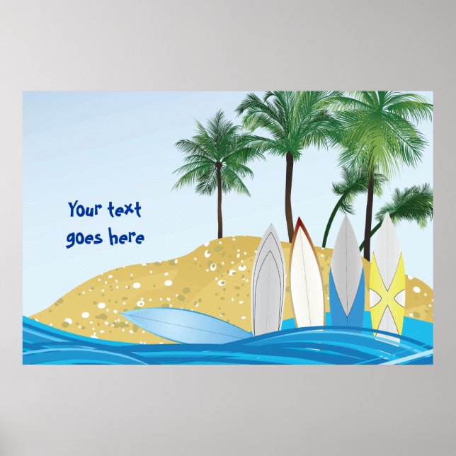 Póster Tablas de surf en una playa tropical con palmeras (Frente)