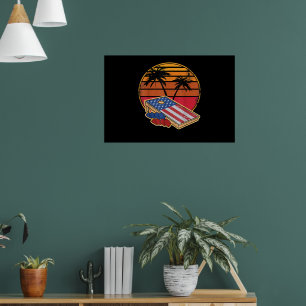 Póster Tablero de Cornhole Atardecer Retro Bandera Americ