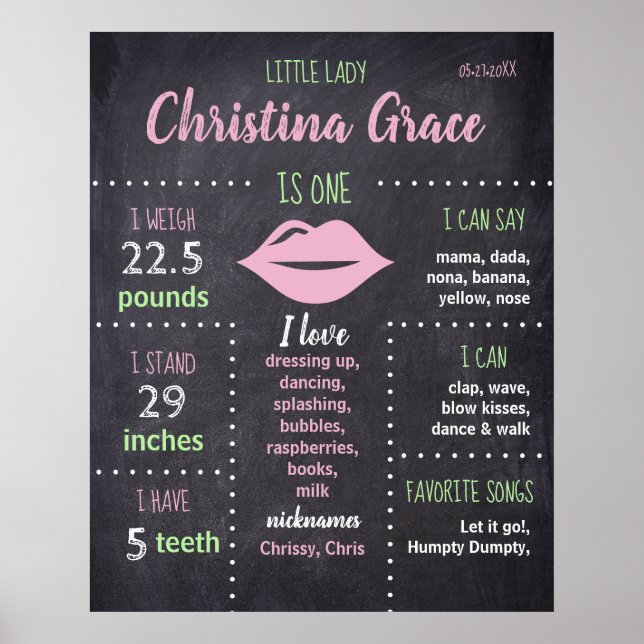 Póster Tablero de hito de primer cumpleaños personalizado (Frente)