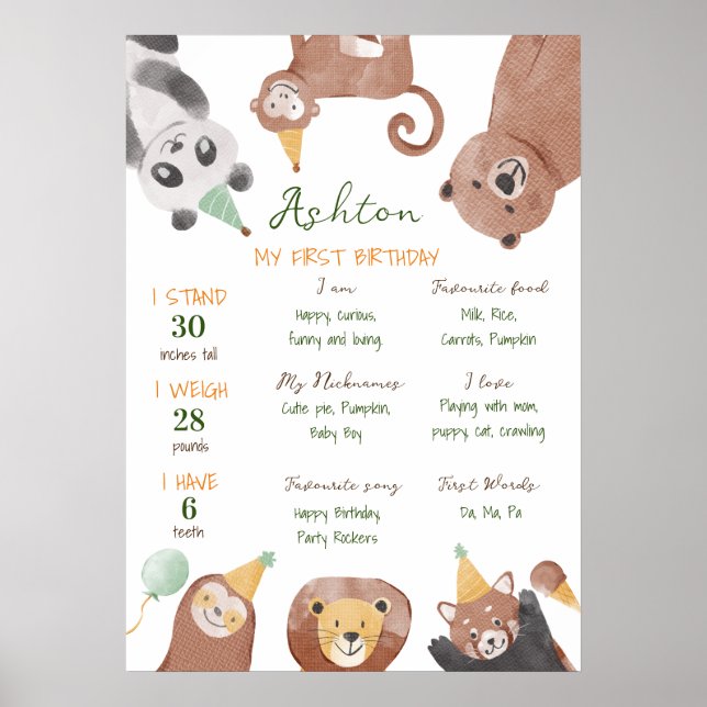 Póster tablero de hitos de primer cumpleaños para animale (Frente)
