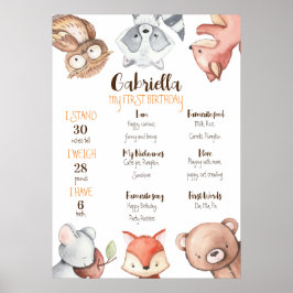 Póster Tablero de hitos de primer cumpleaños para animale