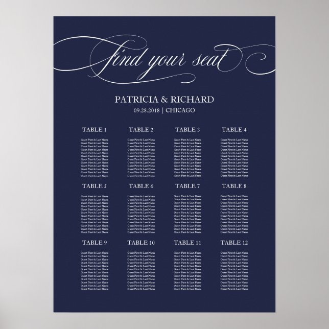 Póster Tablero de plan de asientos de boda azul marino de (Frente)