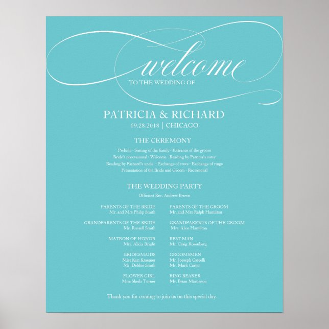 Póster Tablero de Programa de Ceremonia de Boda Azul Puri (Frente)