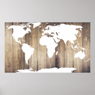 Póster Tablones de Madera Rústica Mapa Mundial Blanco