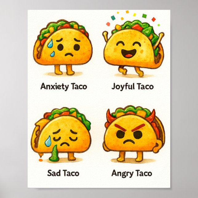Póster Taco Feelings Funny Four Moods of Tacos Art Print (Frente)