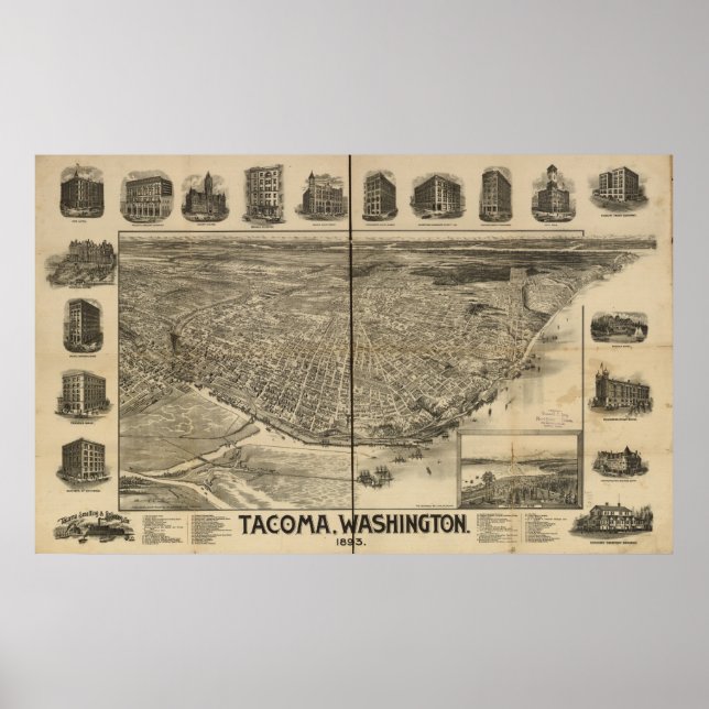 Póster Tacoma 1893, WA Birds View Panoramic Map (Frente)