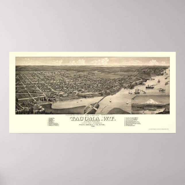 Póster Tacoma, WA Panoramic Map - 1884 (Frente)