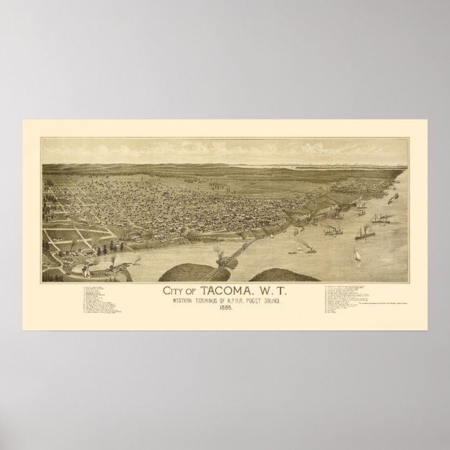 Póster Tacoma, WA Panoramic Map - 1885 (Frente)