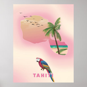 Póster Tahiti illustrated map travel poster