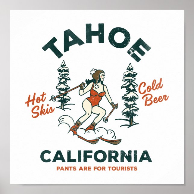 Póster Tahoe, California Funny Retro Skip & Beer Art (Frente)