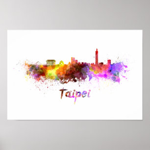 Póster Taipei skyline in watercolor