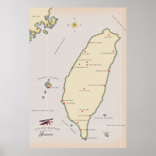 Póster Taiwan Vintage Map
