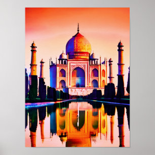 Póster Taj Mahal contra el cielo atardecer