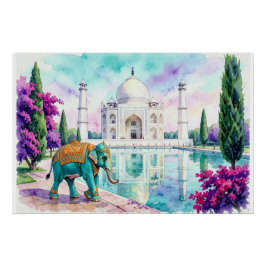 Póster Taj Mahal y Acuarela de Elefante