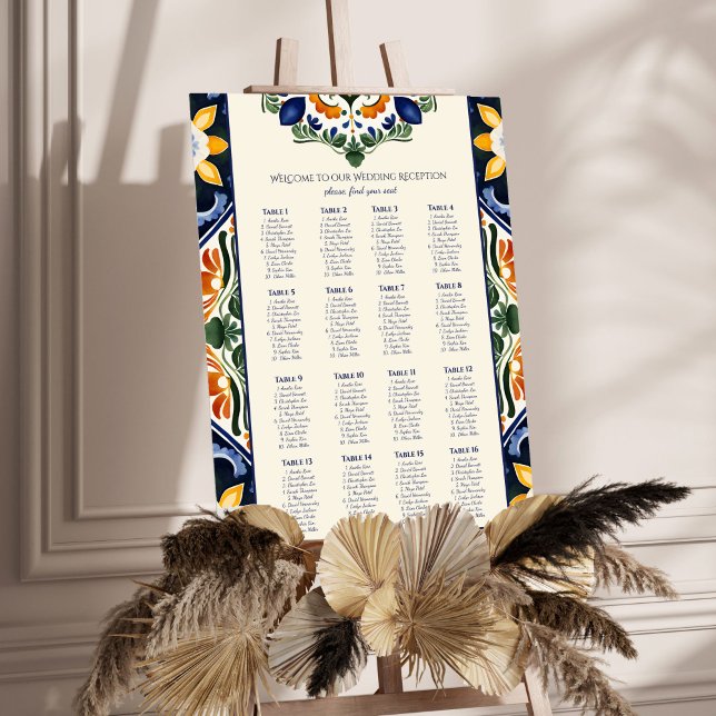 Póster Talavera vintage boda mexicano (Talavera Azulejo vintage Mexican wedding reception seating chart seating plan poster template)