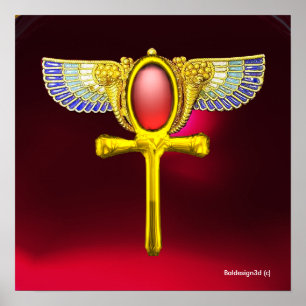 PÓSTER TALISMÁN ROJO/ ANKH ALADO EGIPCIO CON CORNUCOPIA