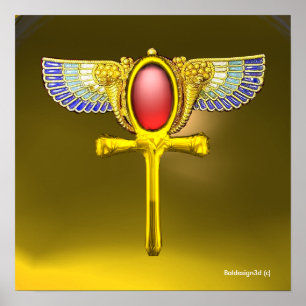 PÓSTER TALISMÁN ROJO/ ANKH ALADO EGIPCIO Y CORNUCOPIA