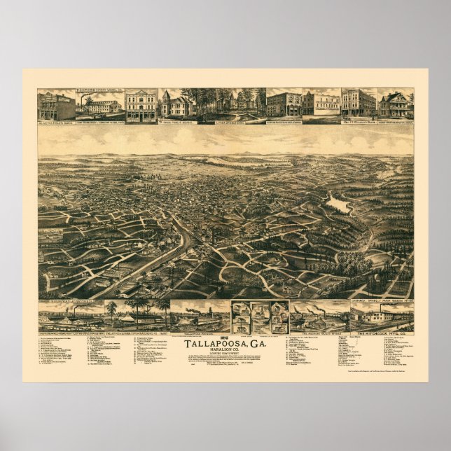 Póster Tallapoosa, Mapa Panorámico GA - 1892 (Frente)