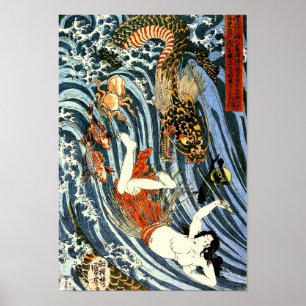 Póster Tamatori y Bello Artes del japonés de Kuniyoshi