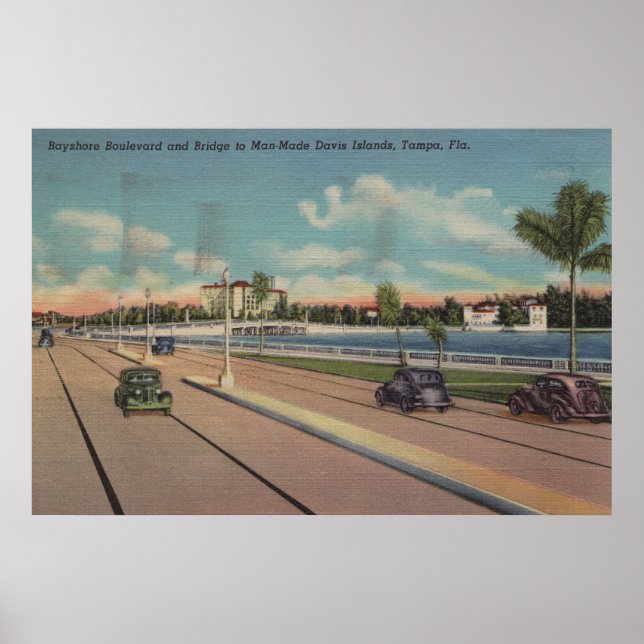 Póster Tampa, FL - Vista de Bayshore Blvd, Puente (Frente)
